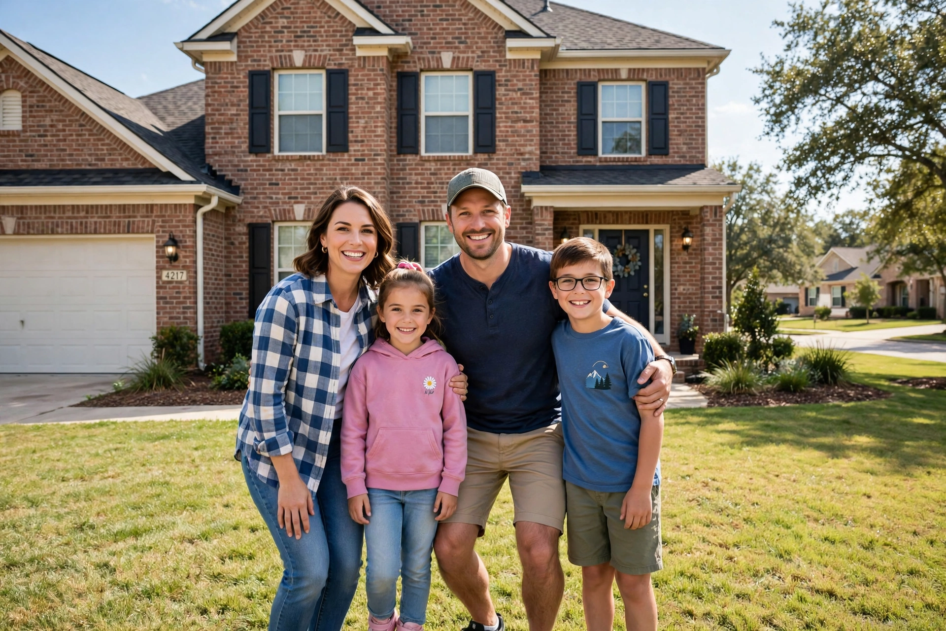 Family in front of their brick home