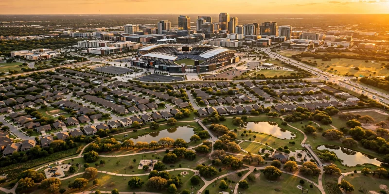Aerial view of Frisco, Texas at sunset